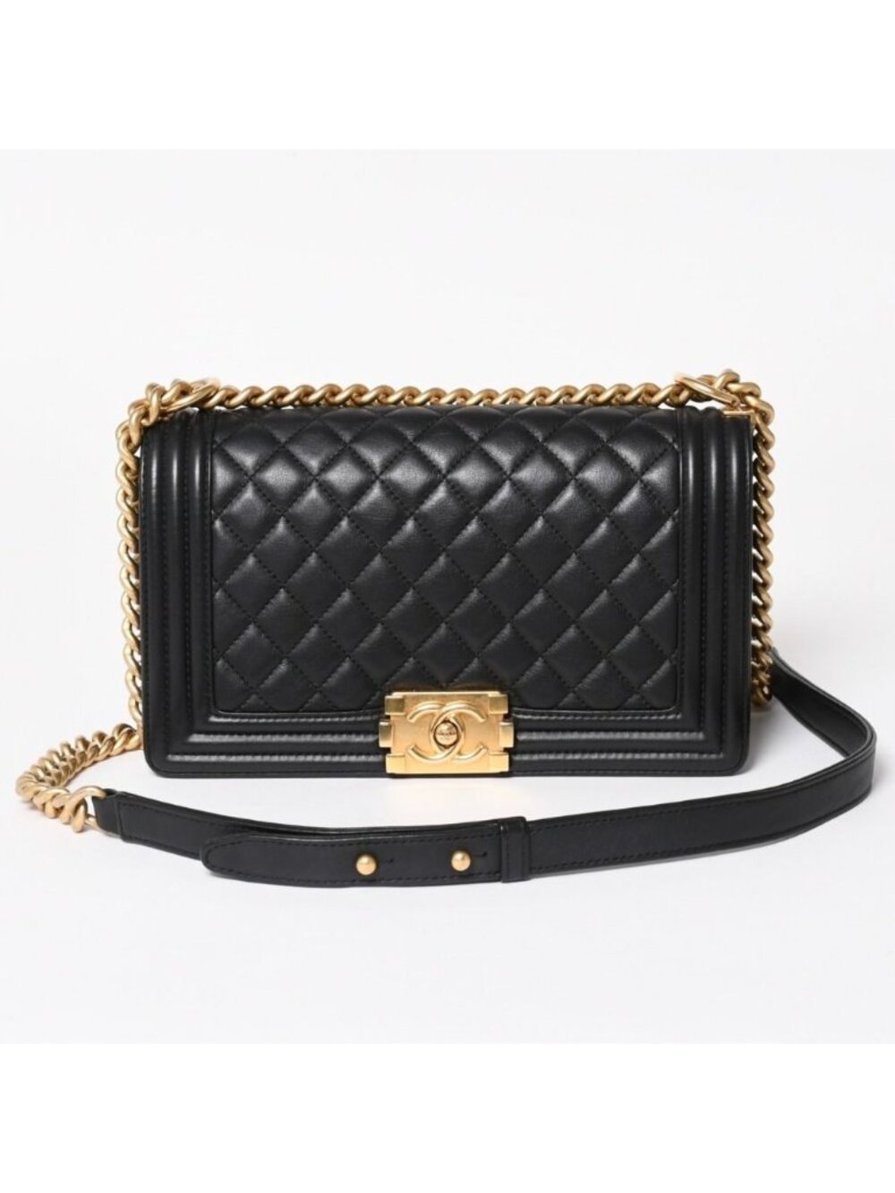 Chanel Boy 25 Chain Shoulder Bag Base CC Logo Lambskin Black